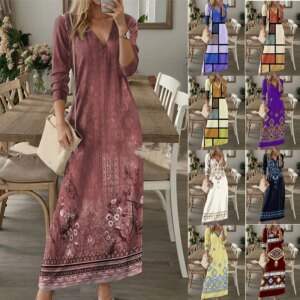 Ethnic Retro Autumn Digital Printed Boho Long Dress Women Casual V Neck Party Dress Spring Long Sleeve Loose Ladies Maxi Dresses