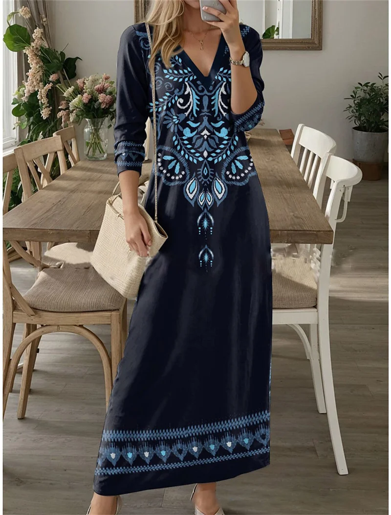Ethnic Retro Autumn Digital Printed Boho Long Dress Women Casual V Neck Party Dress Spring Long Sleeve Loose Ladies Maxi Dresses