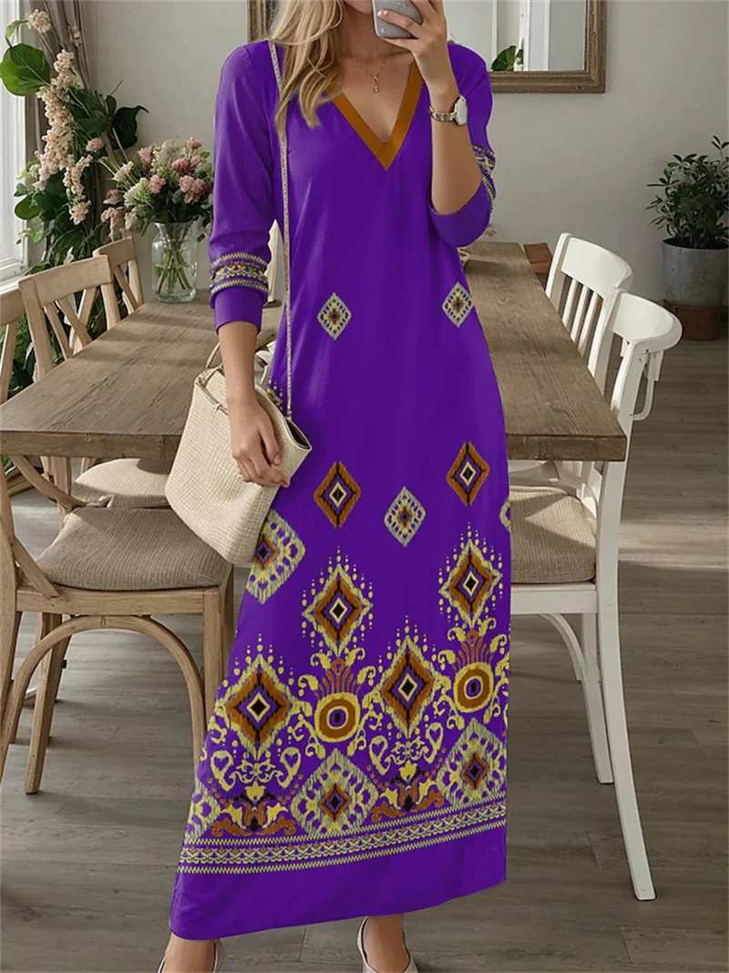 Ethnic Retro Autumn Digital Printed Boho Long Dress Women Casual V Neck Party Dress Spring Long Sleeve Loose Ladies Maxi Dresses