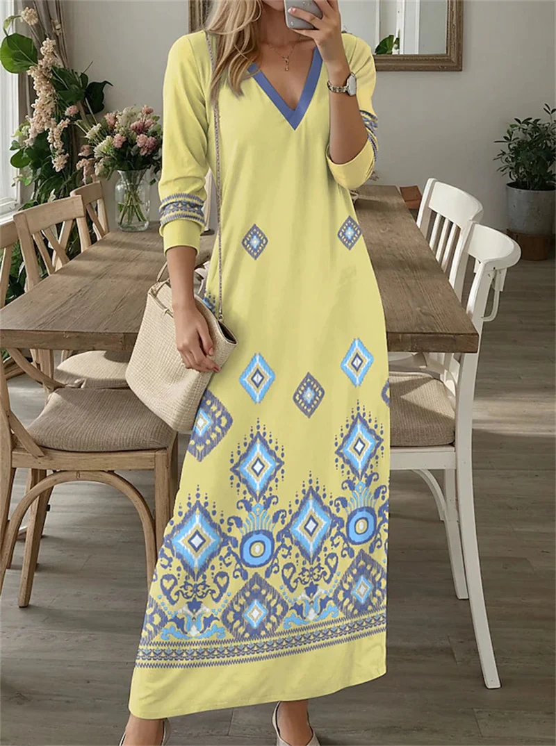 Ethnic Retro Autumn Digital Printed Boho Long Dress Women Casual V Neck Party Dress Spring Long Sleeve Loose Ladies Maxi Dresses