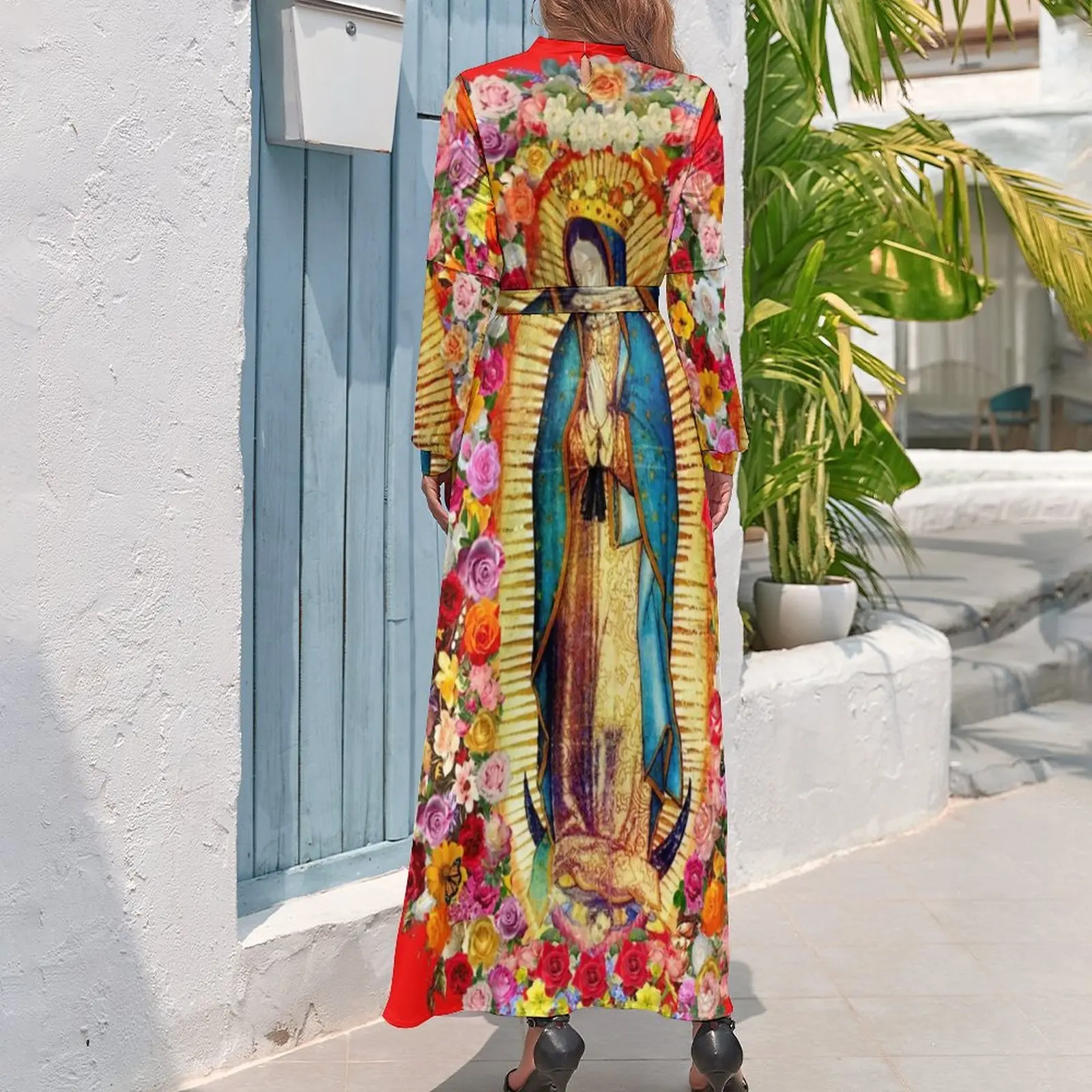 Mexican Virgin Mary Dress Our Lady of Guadalupe Elegant Design Maxi Dress High Waist Long Sleeve Streetwear Bohemia Long Dresses