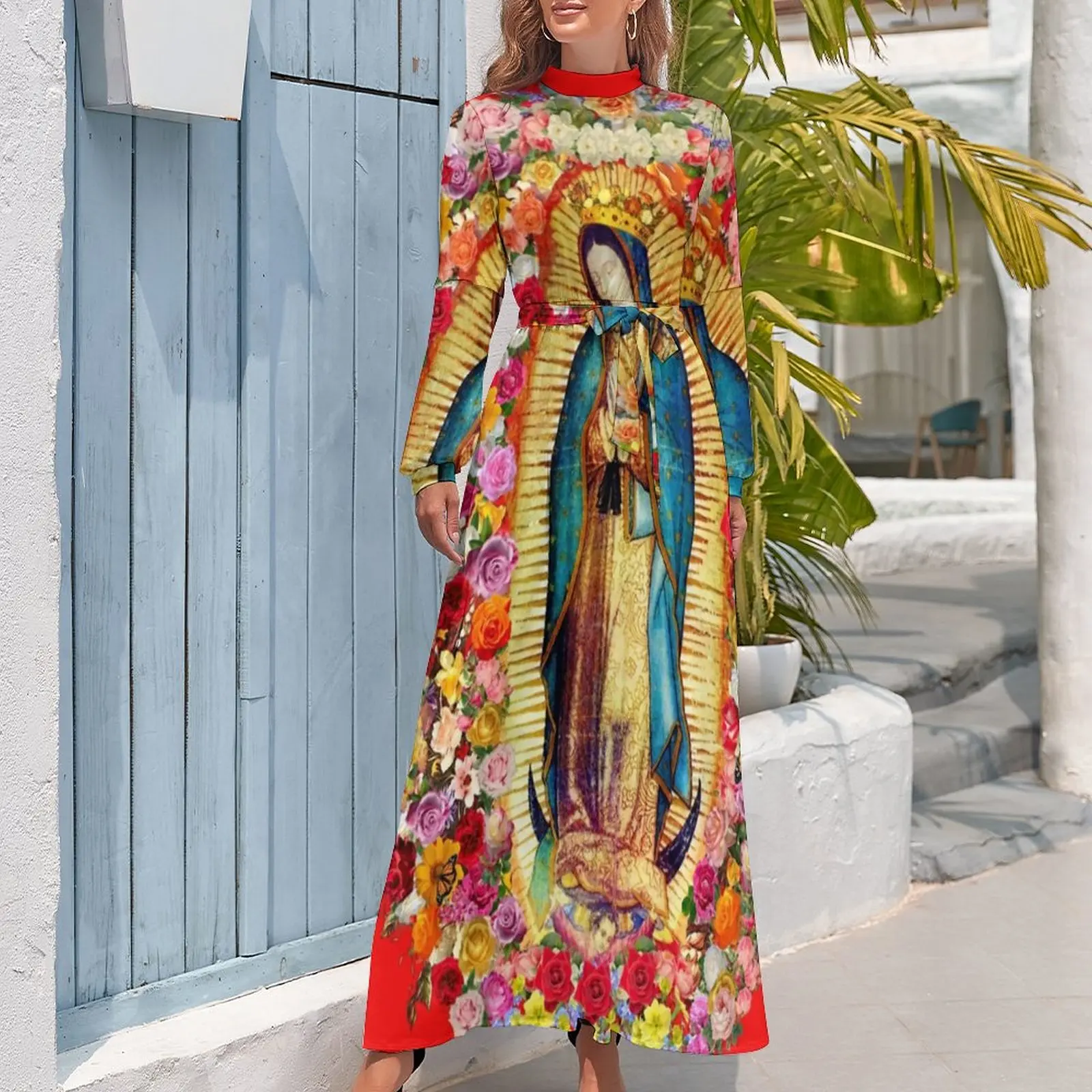 Mexican Virgin Mary Dress Our Lady of Guadalupe Elegant Design Maxi Dress High Waist Long Sleeve Streetwear Bohemia Long Dresses