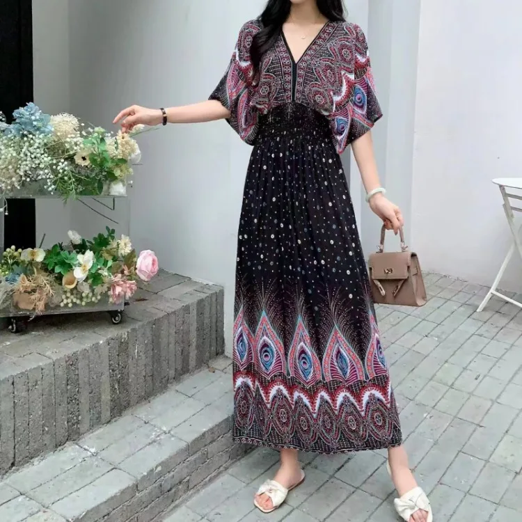 THHONE Indian Dress Women Vestidos Robe Fashion Maxi Long Casual Beach Korean Floral Cotton Linen Summer Boho Bohemian Dresses
