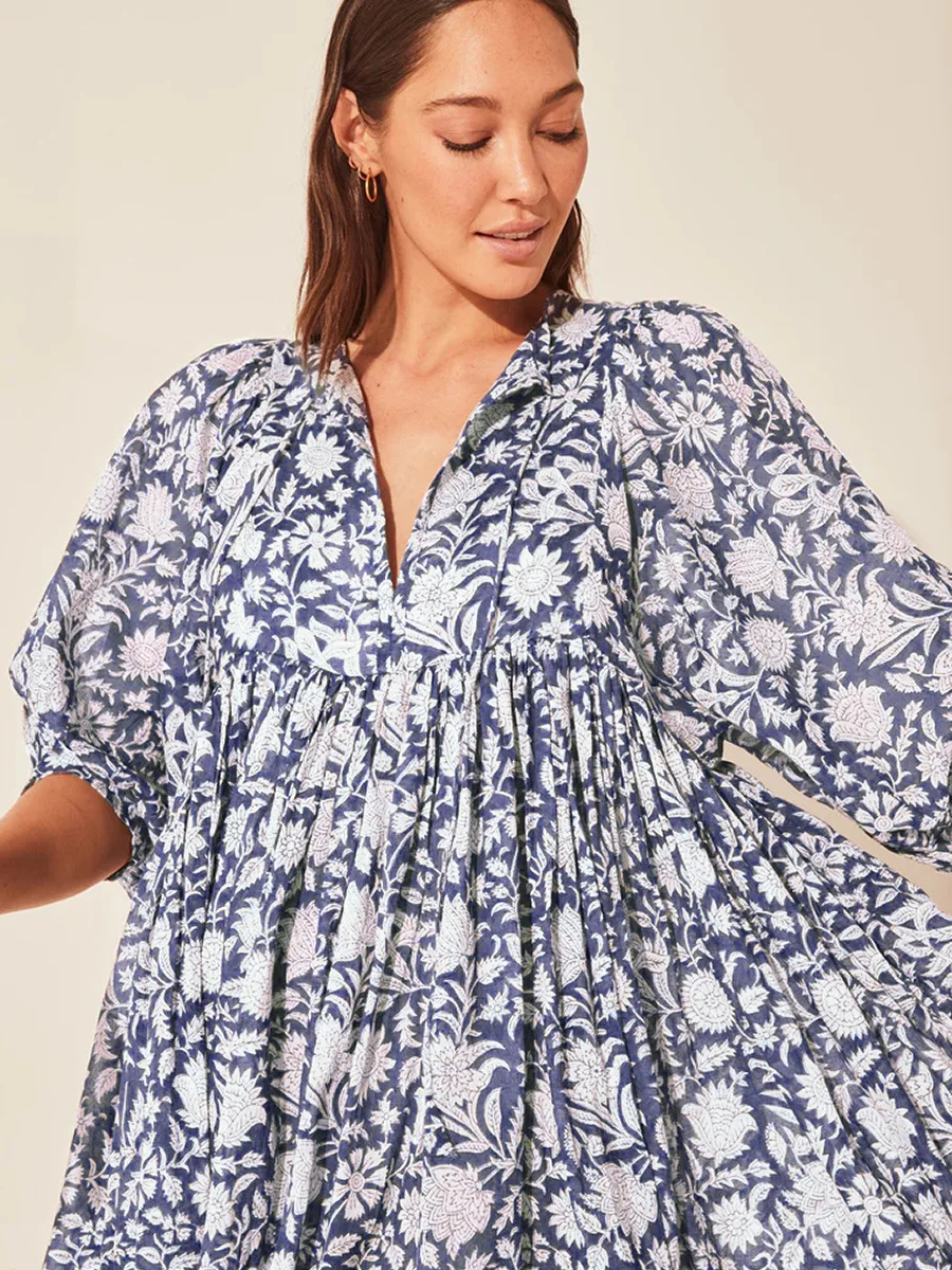 Women Bohemian Floral Print Maxi Dress Elegant 3/4 Sleeve O Neck Lace Up Loose Midi Dress Casual Vacation Beach Sundress 2023 Women Bohemian Floral Print Maxi Dress Elegant 3/4 Sleeve O Neck Lace Up Loose Midi Dress Casual Vacation Beach Sundress 2023