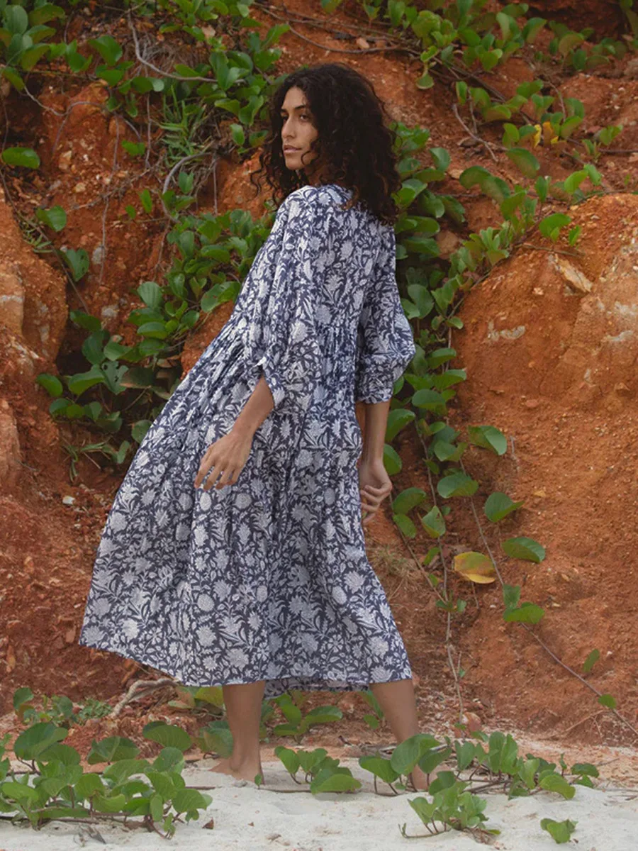 Women Bohemian Floral Print Maxi Dress Elegant 3/4 Sleeve O Neck Lace Up Loose Midi Dress Casual Vacation Beach Sundress 2023 Women Bohemian Floral Print Maxi Dress Elegant 3/4 Sleeve O Neck Lace Up Loose Midi Dress Casual Vacation Beach Sundress 2023