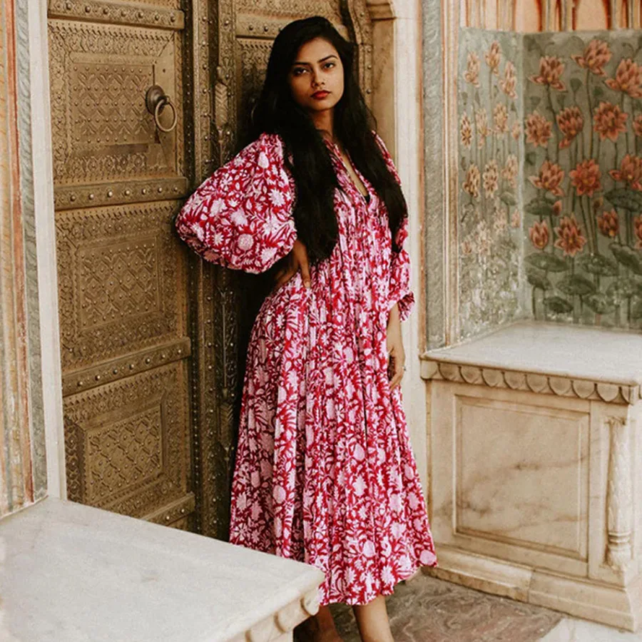 Women Bohemian Floral Print Maxi Dress Elegant 3/4 Sleeve O Neck Lace Up Loose Midi Dress Casual Vacation Beach Sundress 2023 Women Bohemian Floral Print Maxi Dress Elegant 3/4 Sleeve O Neck Lace Up Loose Midi Dress Casual Vacation Beach Sundress 2023