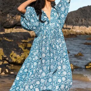 Women Bohemian Floral Print Maxi Dress Elegant 3/4 Sleeve O Neck Lace Up Loose Midi Dress Casual Vacation Beach Sundress 2023 8 38193 3nrldw