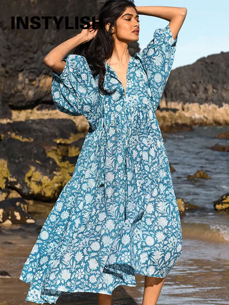 Women Bohemian Floral Print Maxi Dress Elegant 3/4 Sleeve O Neck Lace Up Loose Midi Dress Casual Vacation Beach Sundress 2023 3 38193 3nrldw
