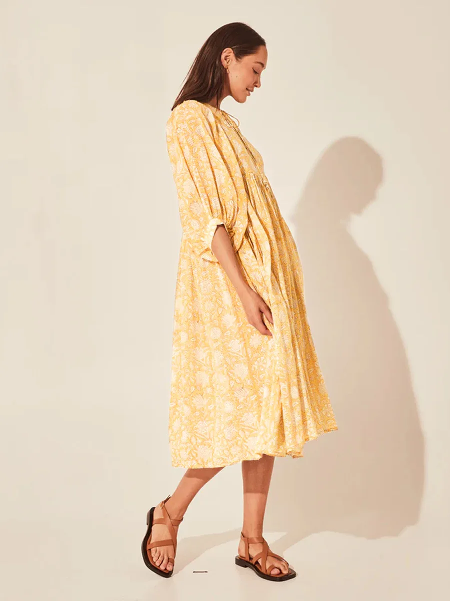 Women Bohemian Floral Print Maxi Dress Elegant 3/4 Sleeve O Neck Lace Up Loose Midi Dress Casual Vacation Beach Sundress 2023 Women Bohemian Floral Print Maxi Dress Elegant 3/4 Sleeve O Neck Lace Up Loose Midi Dress Casual Vacation Beach Sundress 2023