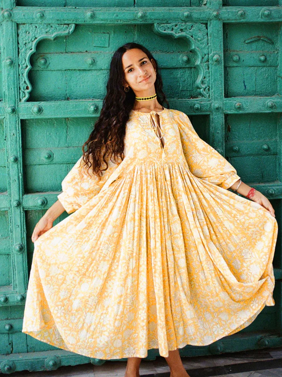 Women Bohemian Floral Print Maxi Dress Elegant 3/4 Sleeve O Neck Lace Up Loose Midi Dress Casual Vacation Beach Sundress 2023 Women Bohemian Floral Print Maxi Dress Elegant 3/4 Sleeve O Neck Lace Up Loose Midi Dress Casual Vacation Beach Sundress 2023