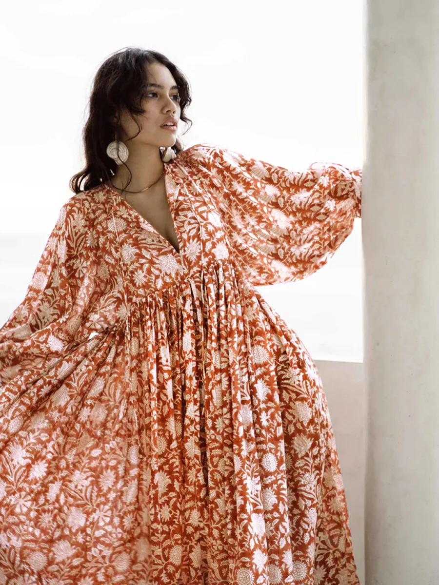 Women Bohemian Floral Print Maxi Dress Elegant 3/4 Sleeve O Neck Lace Up Loose Midi Dress Casual Vacation Beach Sundress 2023 Women Bohemian Floral Print Maxi Dress Elegant 3/4 Sleeve O Neck Lace Up Loose Midi Dress Casual Vacation Beach Sundress 2023