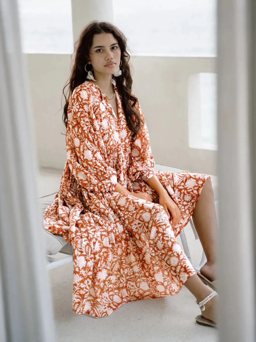 Women Bohemian Floral Print Maxi Dress Elegant 3/4 Sleeve O Neck Lace Up Loose Midi Dress Casual Vacation Beach Sundress 2023 Women Bohemian Floral Print Maxi Dress Elegant 3/4 Sleeve O Neck Lace Up Loose Midi Dress Casual Vacation Beach Sundress 2023