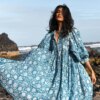 Women Bohemian Floral Print Maxi Dress Elegant 3/4 Sleeve O Neck Lace Up Loose Midi Dress Casual Vacation Beach Sundress 2023