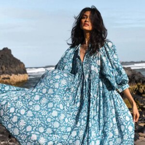 Women Bohemian Floral Print Maxi Dress Elegant 3/4 Sleeve O Neck Lace Up Loose Midi Dress Casual Vacation Beach Sundress 2023