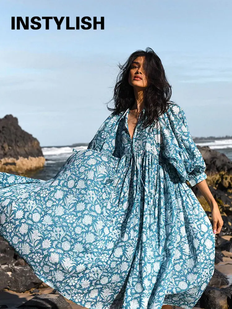 Women Bohemian Floral Print Maxi Dress Elegant 3/4 Sleeve O Neck Lace Up Loose Midi Dress Casual Vacation Beach Sundress 2023 1 38193 askpak