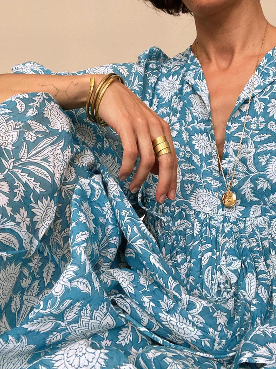 Women Bohemian Floral Print Maxi Dress Elegant 3/4 Sleeve O Neck Lace Up Loose Midi Dress Casual Vacation Beach Sundress 2023 Women Bohemian Floral Print Maxi Dress Elegant 3/4 Sleeve O Neck Lace Up Loose Midi Dress Casual Vacation Beach Sundress 2023