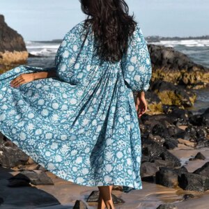 Women Bohemian Floral Print Maxi Dress Elegant 3/4 Sleeve O Neck Lace Up Loose Midi Dress Casual Vacation Beach Sundress 2023 11 38193 cf73sv