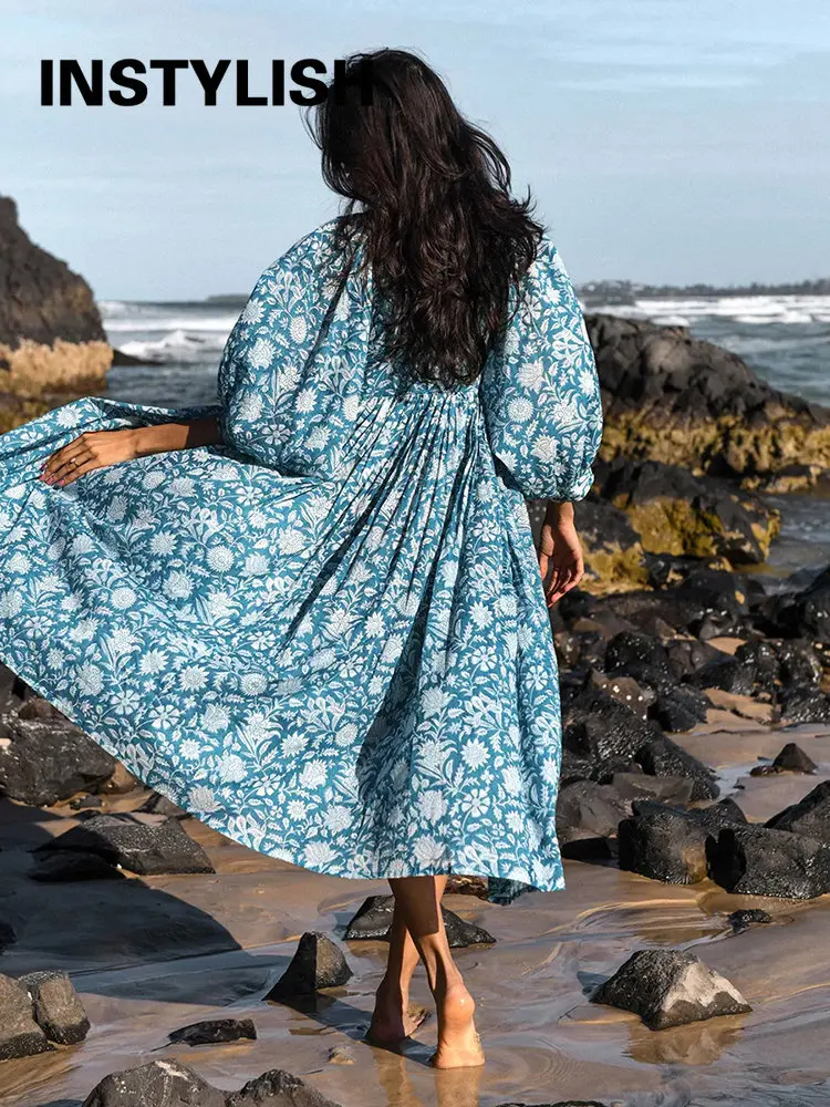 Women Bohemian Floral Print Maxi Dress Elegant 3/4 Sleeve O Neck Lace Up Loose Midi Dress Casual Vacation Beach Sundress 2023 6 38193 cf73sv