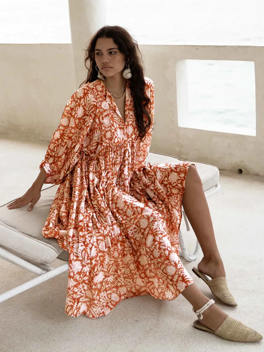 Women Bohemian Floral Print Maxi Dress Elegant 3/4 Sleeve O Neck Lace Up Loose Midi Dress Casual Vacation Beach Sundress 2023 Women Bohemian Floral Print Maxi Dress Elegant 3/4 Sleeve O Neck Lace Up Loose Midi Dress Casual Vacation Beach Sundress 2023