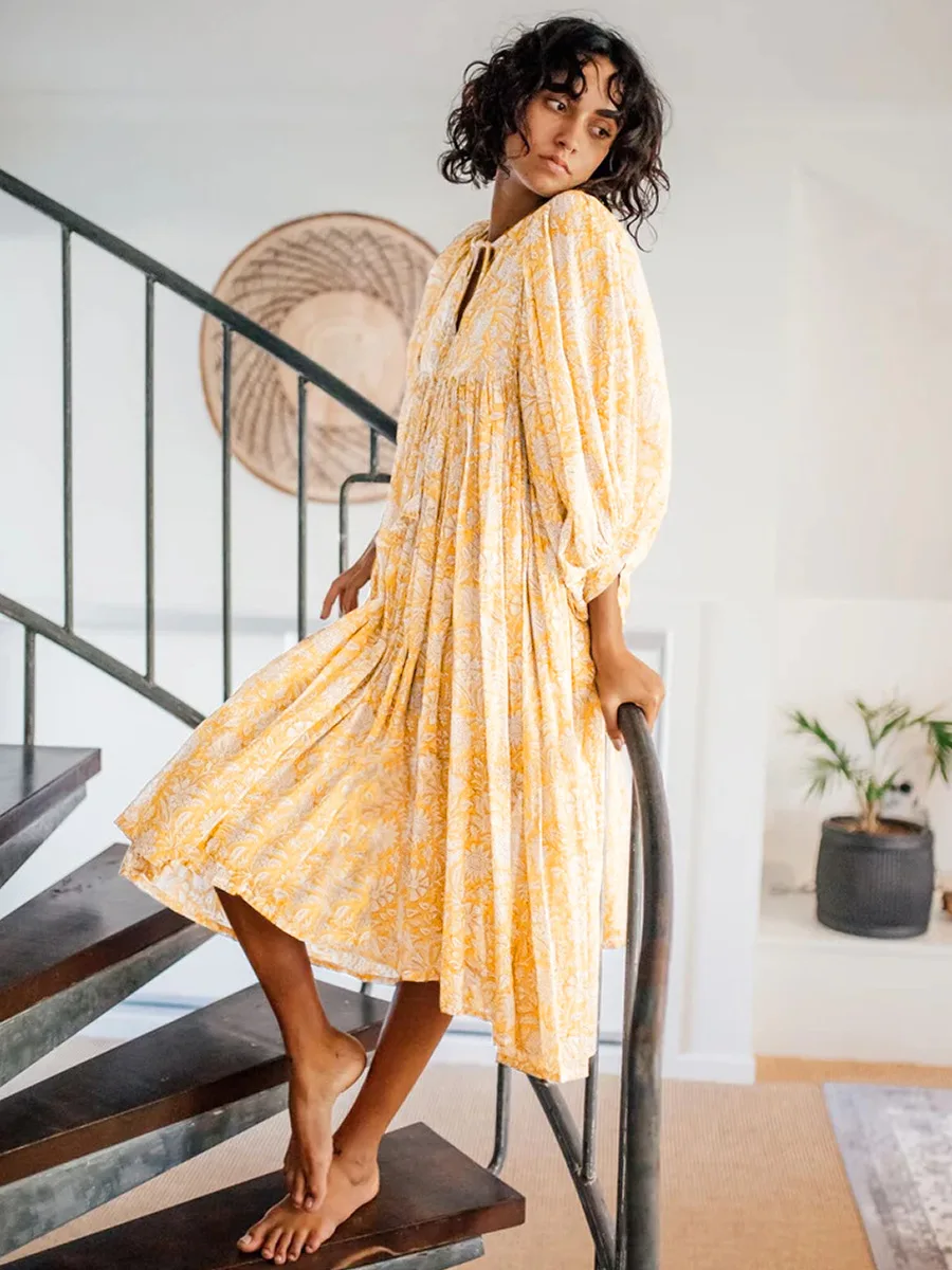 Women Bohemian Floral Print Maxi Dress Elegant 3/4 Sleeve O Neck Lace Up Loose Midi Dress Casual Vacation Beach Sundress 2023 Women Bohemian Floral Print Maxi Dress Elegant 3/4 Sleeve O Neck Lace Up Loose Midi Dress Casual Vacation Beach Sundress 2023
