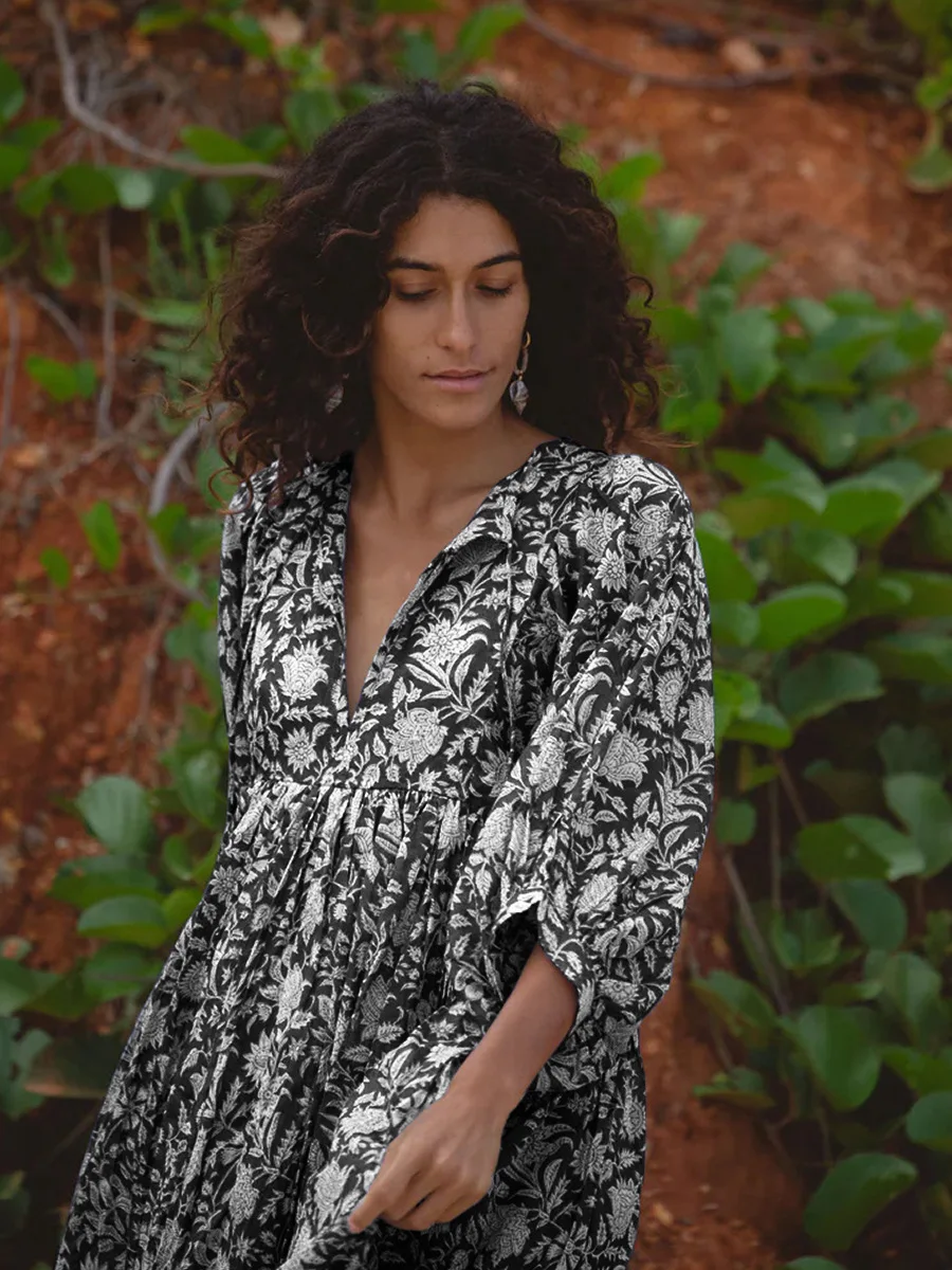 Women Bohemian Floral Print Maxi Dress Elegant 3/4 Sleeve O Neck Lace Up Loose Midi Dress Casual Vacation Beach Sundress 2023 Women Bohemian Floral Print Maxi Dress Elegant 3/4 Sleeve O Neck Lace Up Loose Midi Dress Casual Vacation Beach Sundress 2023