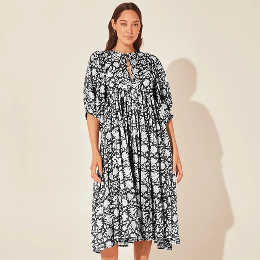 Women Bohemian Floral Print Maxi Dress Elegant 3/4 Sleeve O Neck Lace Up Loose Midi Dress Casual Vacation Beach Sundress 2023