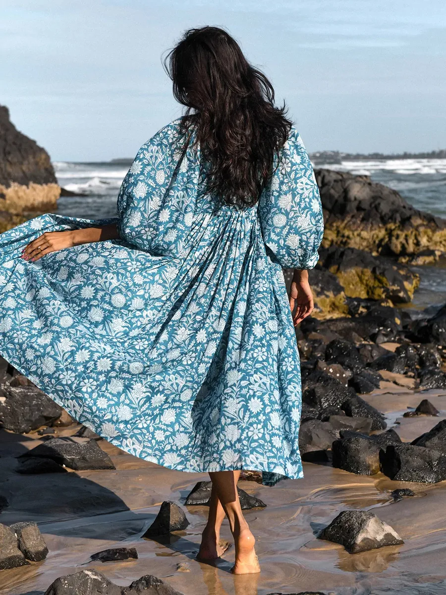 Women Bohemian Floral Print Maxi Dress Elegant 3/4 Sleeve O Neck Lace Up Loose Midi Dress Casual Vacation Beach Sundress 2023 Women Bohemian Floral Print Maxi Dress Elegant 3/4 Sleeve O Neck Lace Up Loose Midi Dress Casual Vacation Beach Sundress 2023