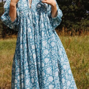 Women Bohemian Floral Print Maxi Dress Elegant 3/4 Sleeve O Neck Lace Up Loose Midi Dress Casual Vacation Beach Sundress 2023 10 38193 g2etrp
