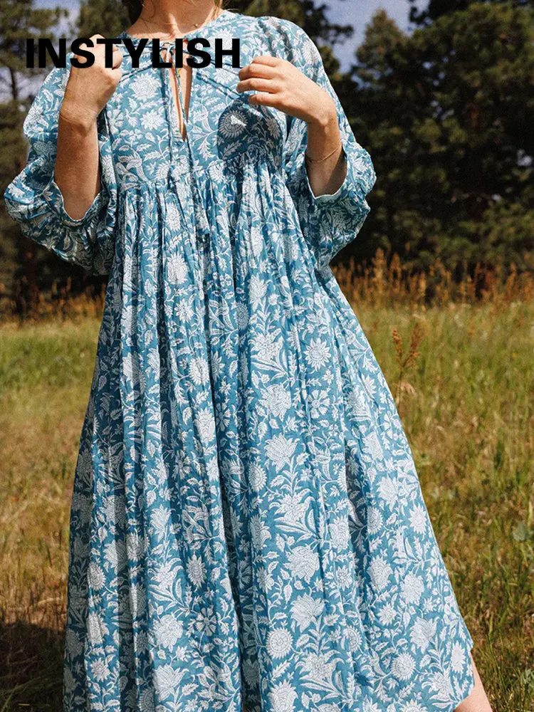 Women Bohemian Floral Print Maxi Dress Elegant 3/4 Sleeve O Neck Lace Up Loose Midi Dress Casual Vacation Beach Sundress 2023 5 38193 g2etrp