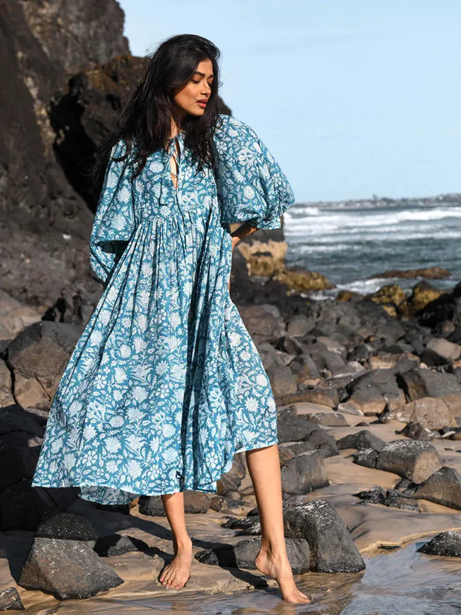 Women Bohemian Floral Print Maxi Dress Elegant 3/4 Sleeve O Neck Lace Up Loose Midi Dress Casual Vacation Beach Sundress 2023 Women Bohemian Floral Print Maxi Dress Elegant 3/4 Sleeve O Neck Lace Up Loose Midi Dress Casual Vacation Beach Sundress 2023