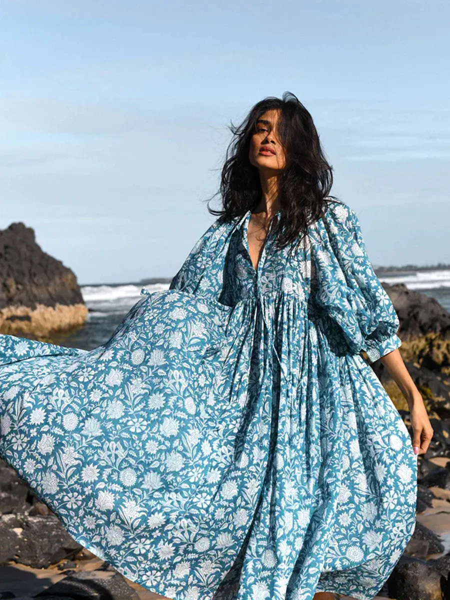 Women Bohemian Floral Print Maxi Dress Elegant 3/4 Sleeve O Neck Lace Up Loose Midi Dress Casual Vacation Beach Sundress 2023