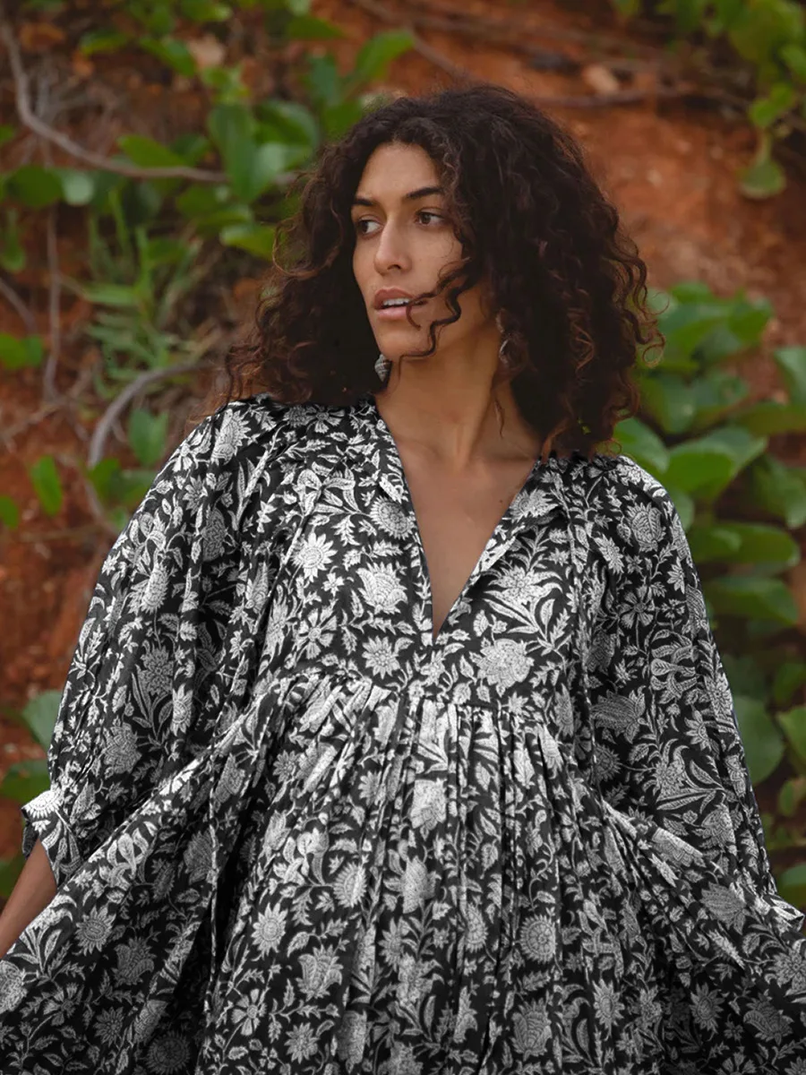 Women Bohemian Floral Print Maxi Dress Elegant 3/4 Sleeve O Neck Lace Up Loose Midi Dress Casual Vacation Beach Sundress 2023 Women Bohemian Floral Print Maxi Dress Elegant 3/4 Sleeve O Neck Lace Up Loose Midi Dress Casual Vacation Beach Sundress 2023