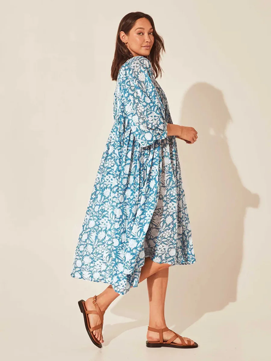 Women Bohemian Floral Print Maxi Dress Elegant 3/4 Sleeve O Neck Lace Up Loose Midi Dress Casual Vacation Beach Sundress 2023 Women Bohemian Floral Print Maxi Dress Elegant 3/4 Sleeve O Neck Lace Up Loose Midi Dress Casual Vacation Beach Sundress 2023