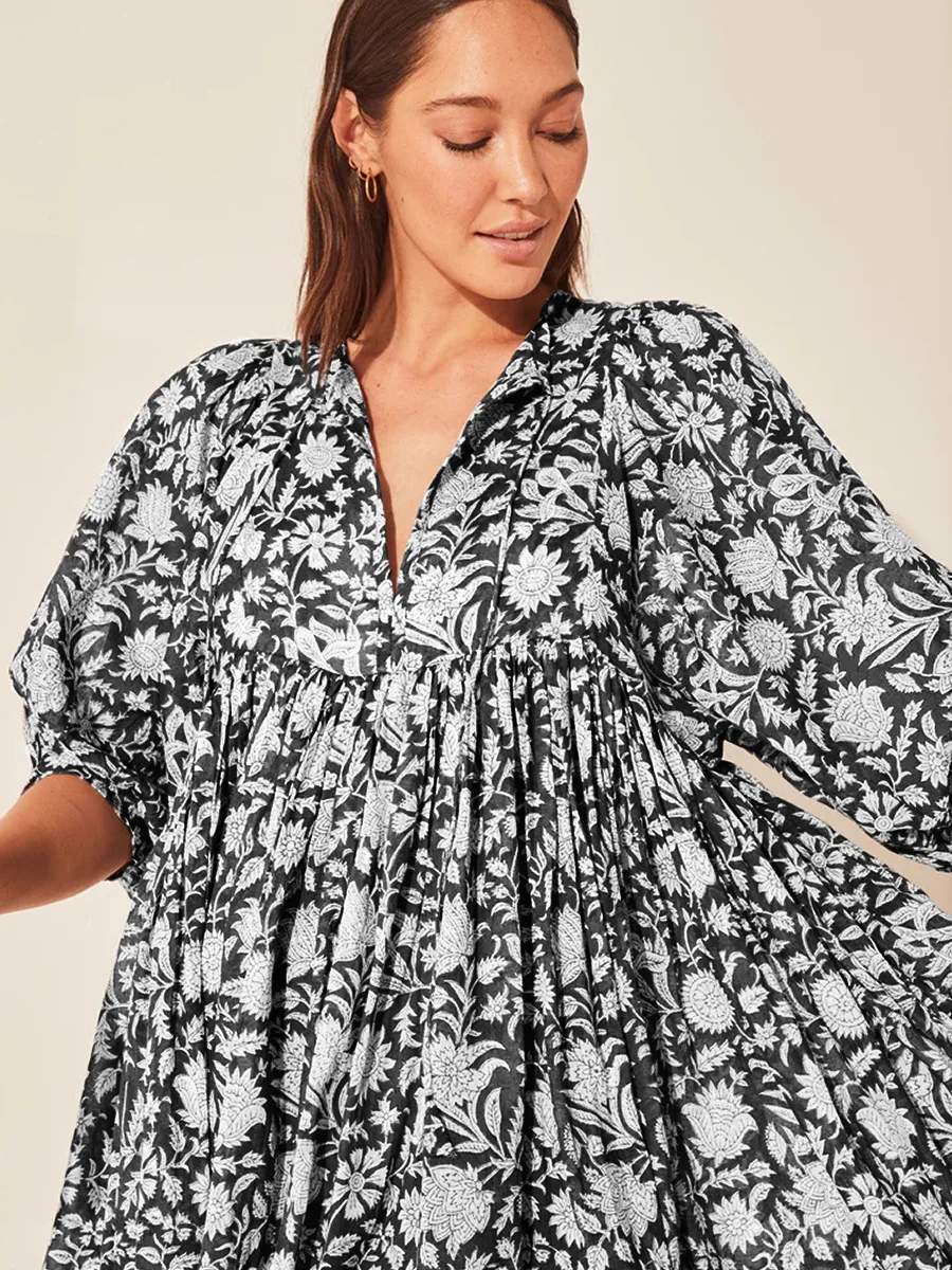 Women Bohemian Floral Print Maxi Dress Elegant 3/4 Sleeve O Neck Lace Up Loose Midi Dress Casual Vacation Beach Sundress 2023 Women Bohemian Floral Print Maxi Dress Elegant 3/4 Sleeve O Neck Lace Up Loose Midi Dress Casual Vacation Beach Sundress 2023