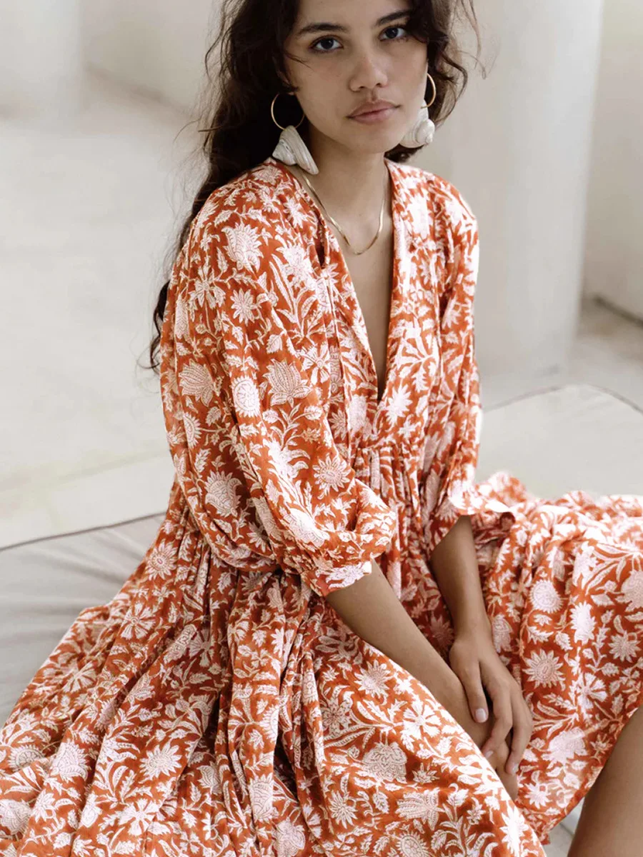 Women Bohemian Floral Print Maxi Dress Elegant 3/4 Sleeve O Neck Lace Up Loose Midi Dress Casual Vacation Beach Sundress 2023 Women Bohemian Floral Print Maxi Dress Elegant 3/4 Sleeve O Neck Lace Up Loose Midi Dress Casual Vacation Beach Sundress 2023