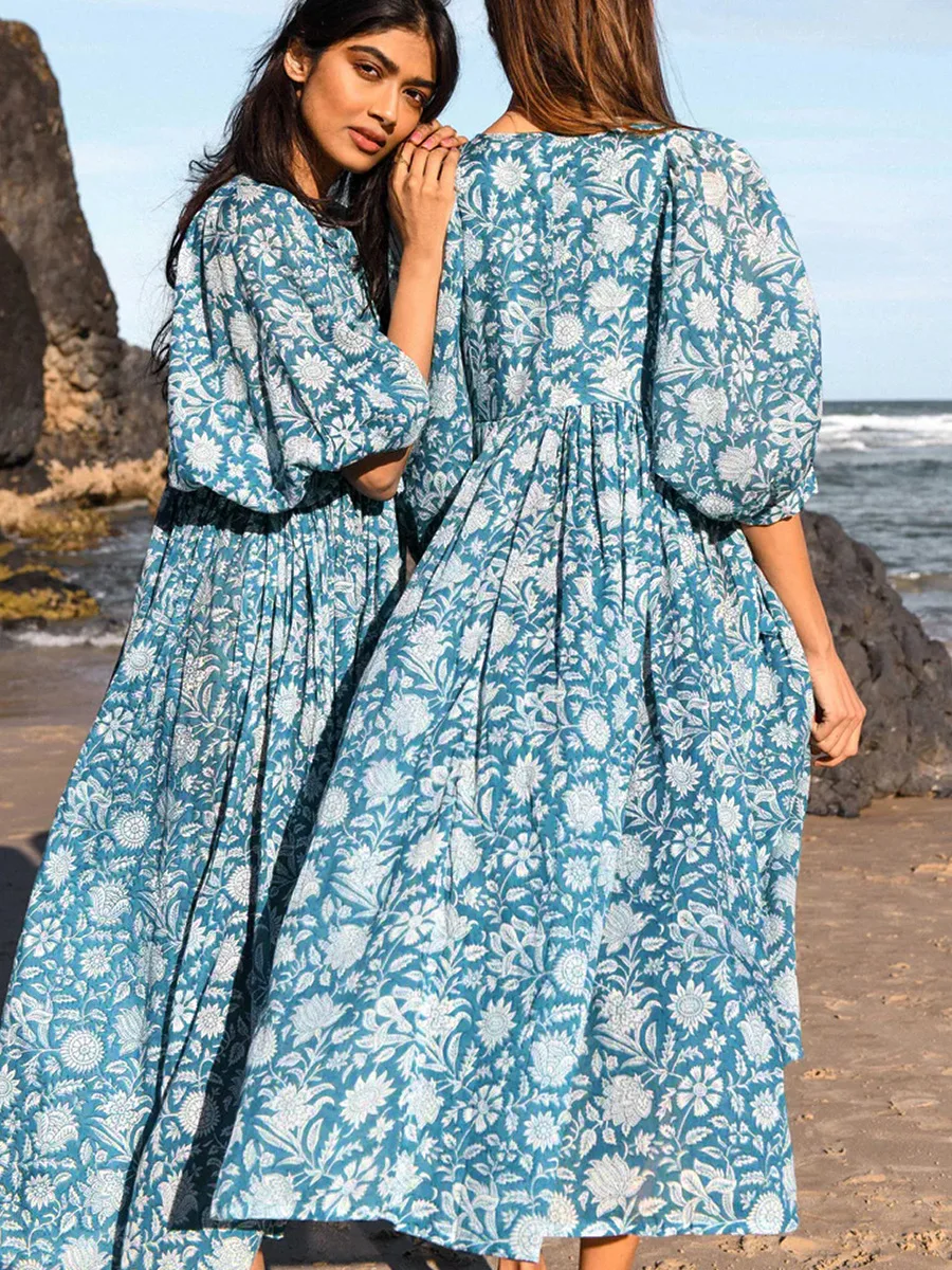 Women Bohemian Floral Print Maxi Dress Elegant 3/4 Sleeve O Neck Lace Up Loose Midi Dress Casual Vacation Beach Sundress 2023 Women Bohemian Floral Print Maxi Dress Elegant 3/4 Sleeve O Neck Lace Up Loose Midi Dress Casual Vacation Beach Sundress 2023