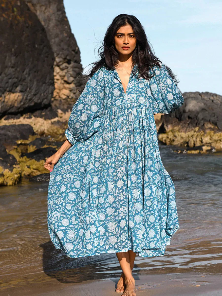 Women Bohemian Floral Print Maxi Dress Elegant 3/4 Sleeve O Neck Lace Up Loose Midi Dress Casual Vacation Beach Sundress 2023 Women Bohemian Floral Print Maxi Dress Elegant 3/4 Sleeve O Neck Lace Up Loose Midi Dress Casual Vacation Beach Sundress 2023