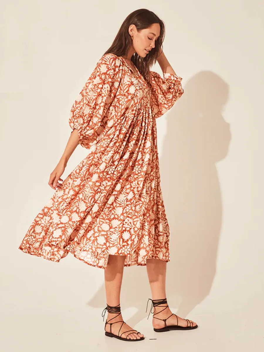 Women Bohemian Floral Print Maxi Dress Elegant 3/4 Sleeve O Neck Lace Up Loose Midi Dress Casual Vacation Beach Sundress 2023 Women Bohemian Floral Print Maxi Dress Elegant 3/4 Sleeve O Neck Lace Up Loose Midi Dress Casual Vacation Beach Sundress 2023