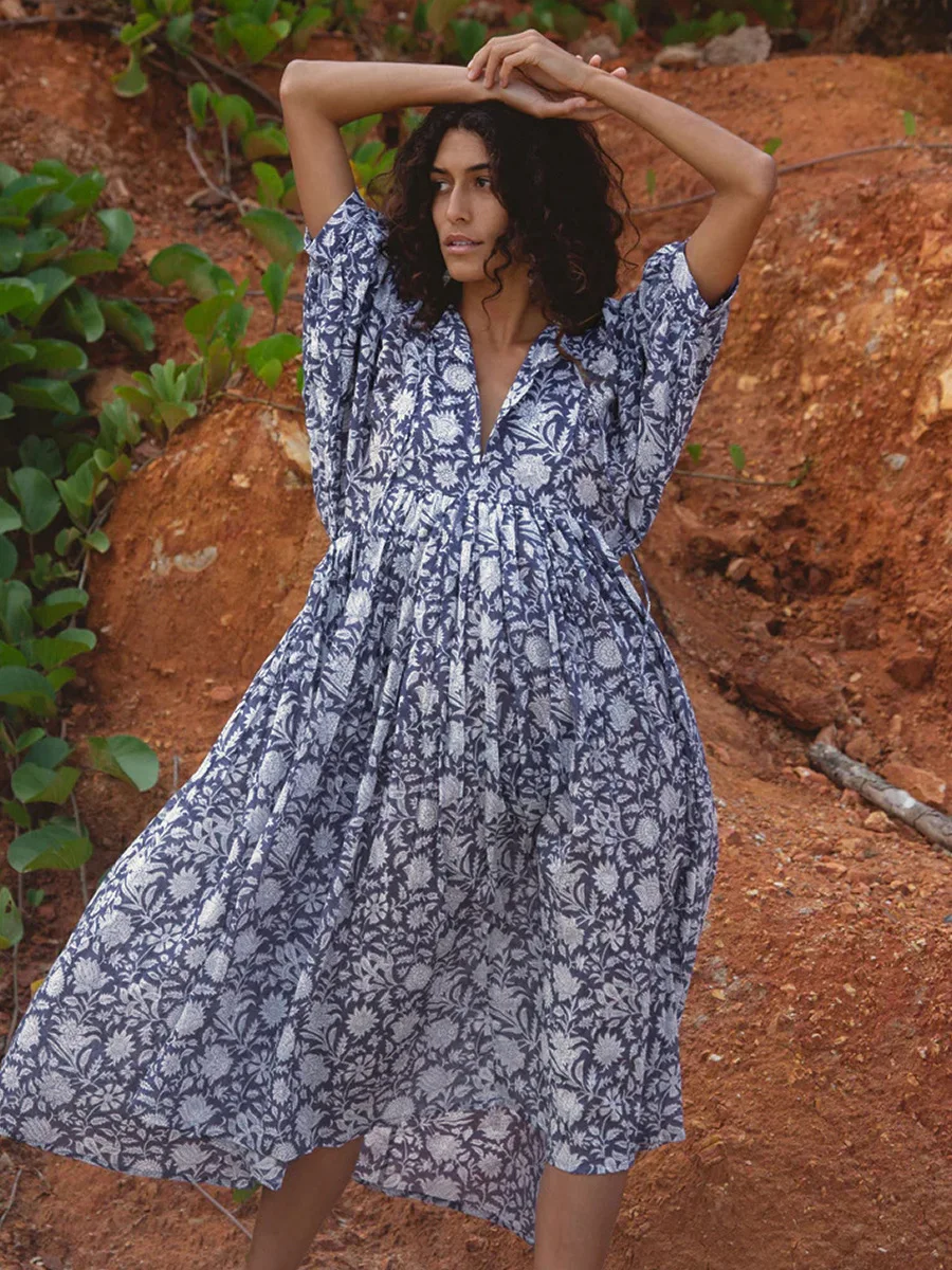 Women Bohemian Floral Print Maxi Dress Elegant 3/4 Sleeve O Neck Lace Up Loose Midi Dress Casual Vacation Beach Sundress 2023 Women Bohemian Floral Print Maxi Dress Elegant 3/4 Sleeve O Neck Lace Up Loose Midi Dress Casual Vacation Beach Sundress 2023