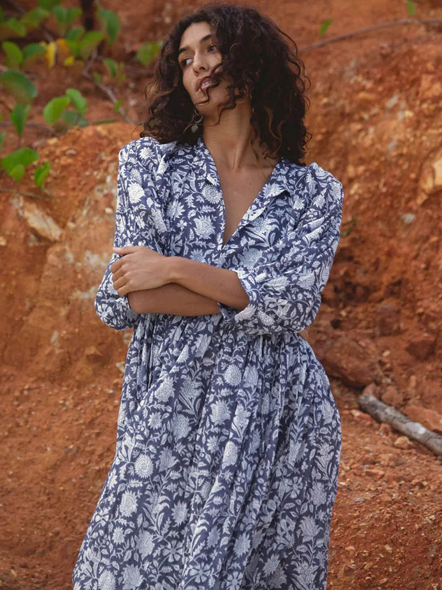 Women Bohemian Floral Print Maxi Dress Elegant 3/4 Sleeve O Neck Lace Up Loose Midi Dress Casual Vacation Beach Sundress 2023 Women Bohemian Floral Print Maxi Dress Elegant 3/4 Sleeve O Neck Lace Up Loose Midi Dress Casual Vacation Beach Sundress 2023