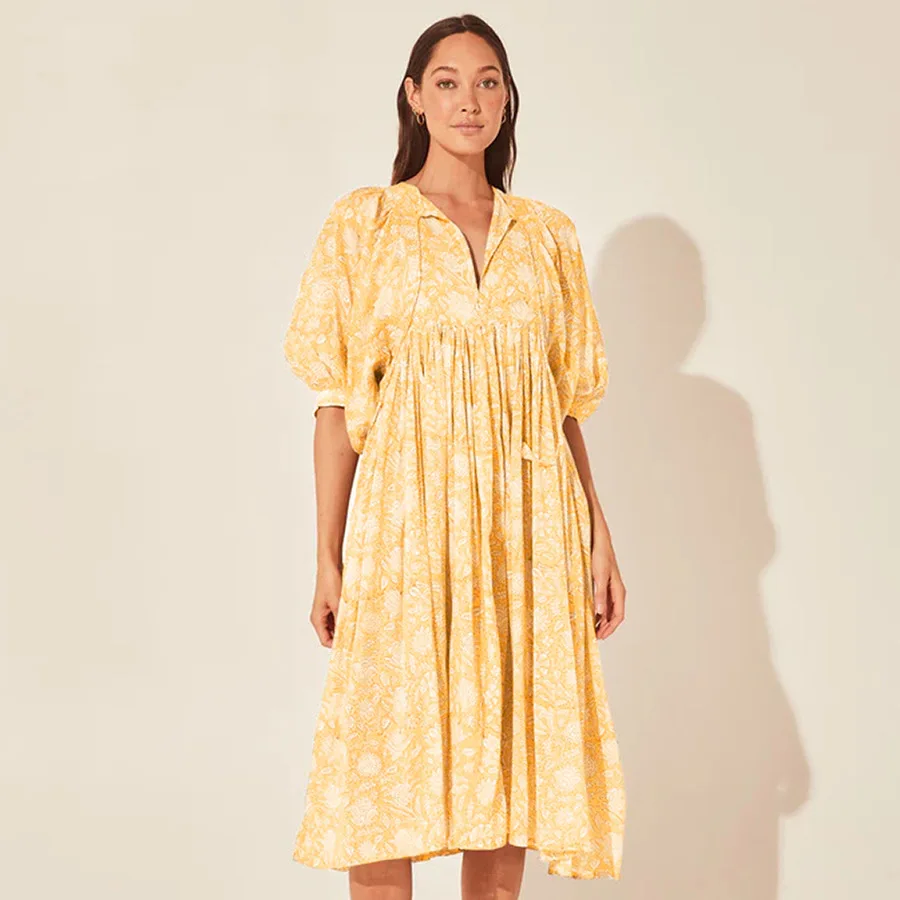 Women Bohemian Floral Print Maxi Dress Elegant 3/4 Sleeve O Neck Lace Up Loose Midi Dress Casual Vacation Beach Sundress 2023 Women Bohemian Floral Print Maxi Dress Elegant 3/4 Sleeve O Neck Lace Up Loose Midi Dress Casual Vacation Beach Sundress 2023