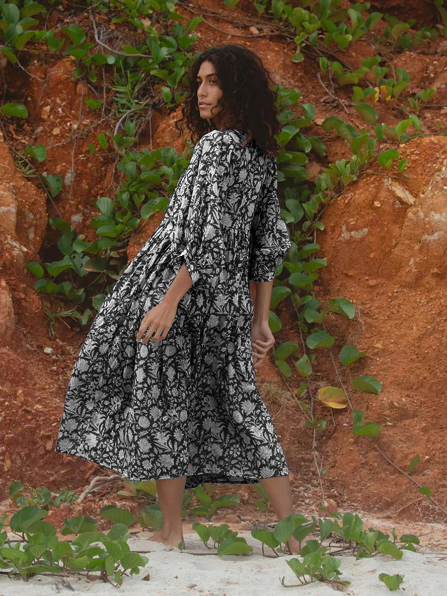 Women Bohemian Floral Print Maxi Dress Elegant 3/4 Sleeve O Neck Lace Up Loose Midi Dress Casual Vacation Beach Sundress 2023 Women Bohemian Floral Print Maxi Dress Elegant 3/4 Sleeve O Neck Lace Up Loose Midi Dress Casual Vacation Beach Sundress 2023