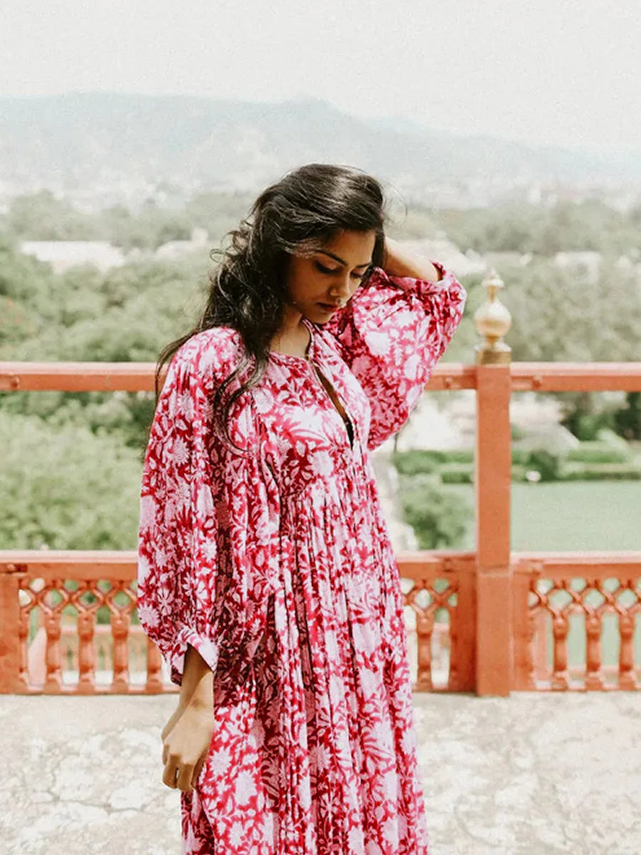 Women Bohemian Floral Print Maxi Dress Elegant 3/4 Sleeve O Neck Lace Up Loose Midi Dress Casual Vacation Beach Sundress 2023 Women Bohemian Floral Print Maxi Dress Elegant 3/4 Sleeve O Neck Lace Up Loose Midi Dress Casual Vacation Beach Sundress 2023