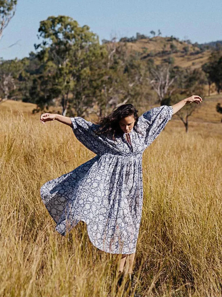 Women Bohemian Floral Print Maxi Dress Elegant 3/4 Sleeve O Neck Lace Up Loose Midi Dress Casual Vacation Beach Sundress 2023 Women Bohemian Floral Print Maxi Dress Elegant 3/4 Sleeve O Neck Lace Up Loose Midi Dress Casual Vacation Beach Sundress 2023