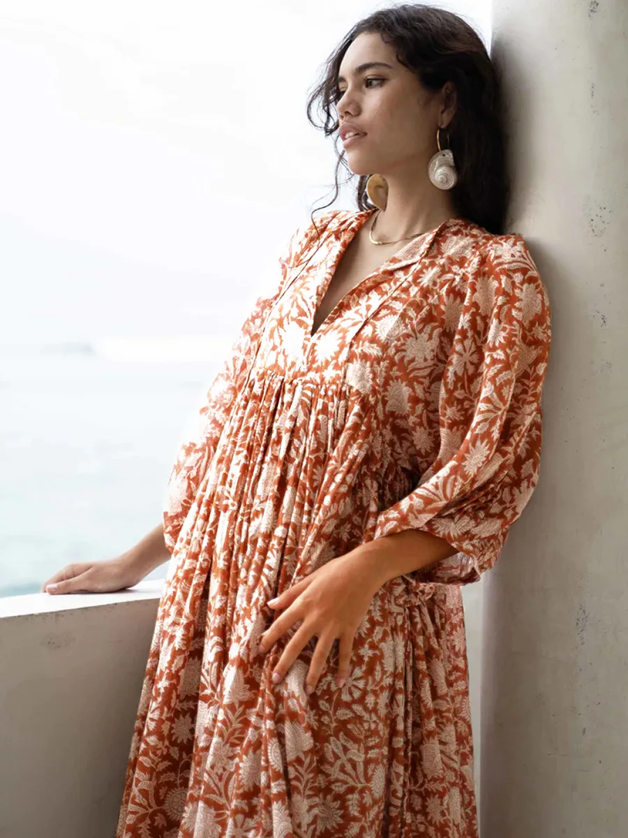 Women Bohemian Floral Print Maxi Dress Elegant 3/4 Sleeve O Neck Lace Up Loose Midi Dress Casual Vacation Beach Sundress 2023 Women Bohemian Floral Print Maxi Dress Elegant 3/4 Sleeve O Neck Lace Up Loose Midi Dress Casual Vacation Beach Sundress 2023