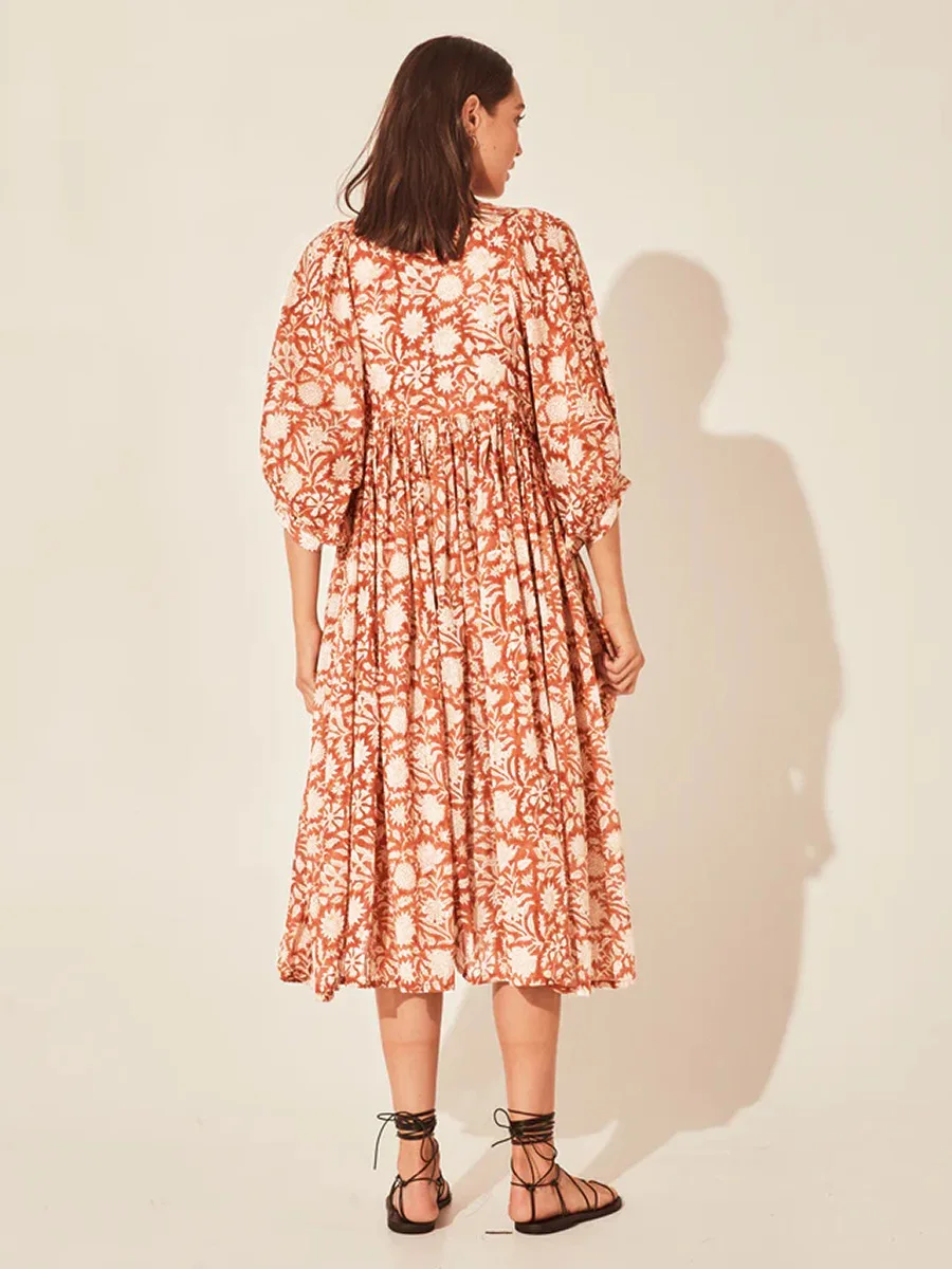 Women Bohemian Floral Print Maxi Dress Elegant 3/4 Sleeve O Neck Lace Up Loose Midi Dress Casual Vacation Beach Sundress 2023 Women Bohemian Floral Print Maxi Dress Elegant 3/4 Sleeve O Neck Lace Up Loose Midi Dress Casual Vacation Beach Sundress 2023