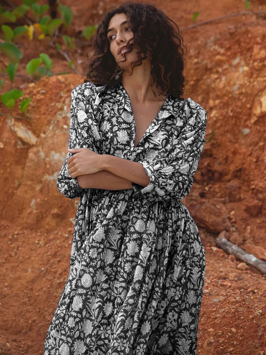 Women Bohemian Floral Print Maxi Dress Elegant 3/4 Sleeve O Neck Lace Up Loose Midi Dress Casual Vacation Beach Sundress 2023 Women Bohemian Floral Print Maxi Dress Elegant 3/4 Sleeve O Neck Lace Up Loose Midi Dress Casual Vacation Beach Sundress 2023