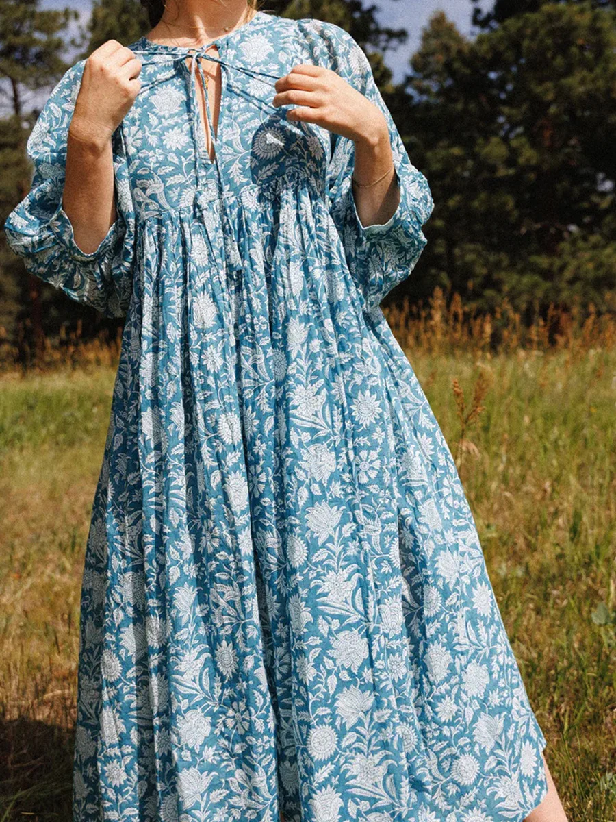 Women Bohemian Floral Print Maxi Dress Elegant 3/4 Sleeve O Neck Lace Up Loose Midi Dress Casual Vacation Beach Sundress 2023 Women Bohemian Floral Print Maxi Dress Elegant 3/4 Sleeve O Neck Lace Up Loose Midi Dress Casual Vacation Beach Sundress 2023
