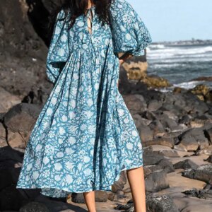 Women Bohemian Floral Print Maxi Dress Elegant 3/4 Sleeve O Neck Lace Up Loose Midi Dress Casual Vacation Beach Sundress 2023 9 38193 ujfu6n