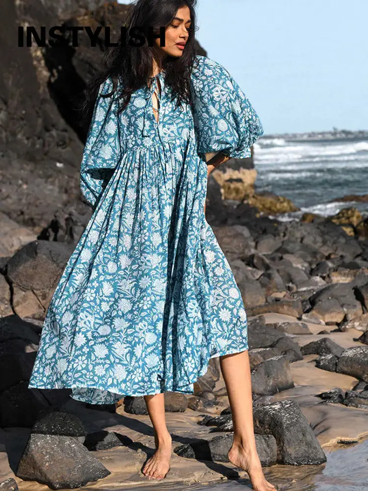 Women Bohemian Floral Print Maxi Dress Elegant 3/4 Sleeve O Neck Lace Up Loose Midi Dress Casual Vacation Beach Sundress 2023 4 38193 ujfu6n